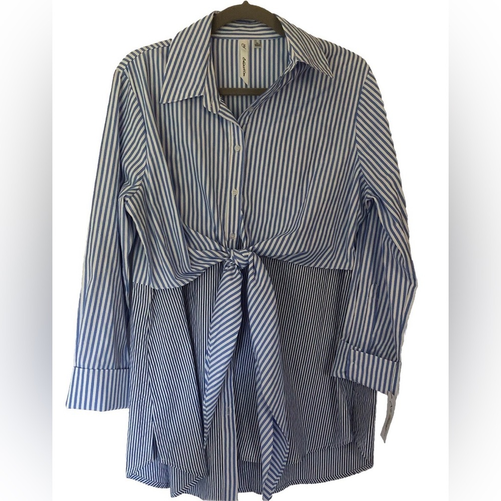 NY Collection Button Down Blouse Top Blue White Striped Tie Sash Size L